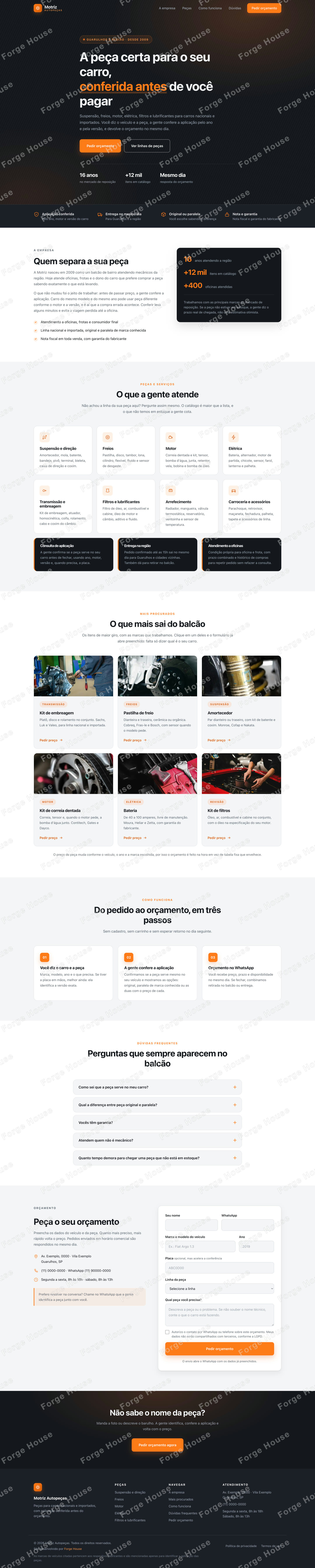 Landing page da loja de autopeças na versão desktop, do topo ao rodapé